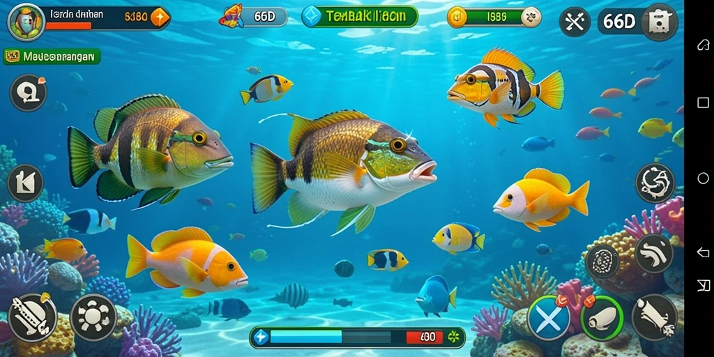 Tampilan gameplay seru dengan menangkap ikan besar di 66D.