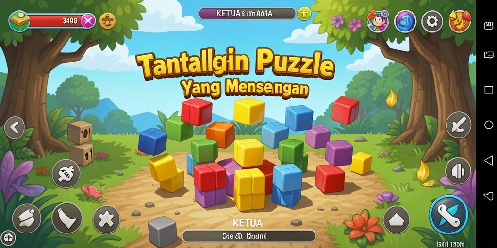 Screenshot menunjukkan gameplay menantang KETUA dengan berbagai puzzle.