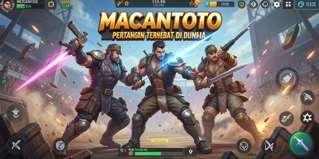 Screenshot gameplay MACANTOTO menunjukkan pertarungan seru di arena Battle Royale.