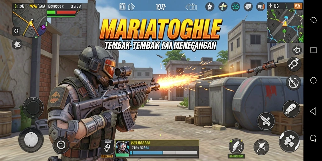 Screenshot gameplay MARIATOGEL menampilkan aksi tembak-menembak yang intens.