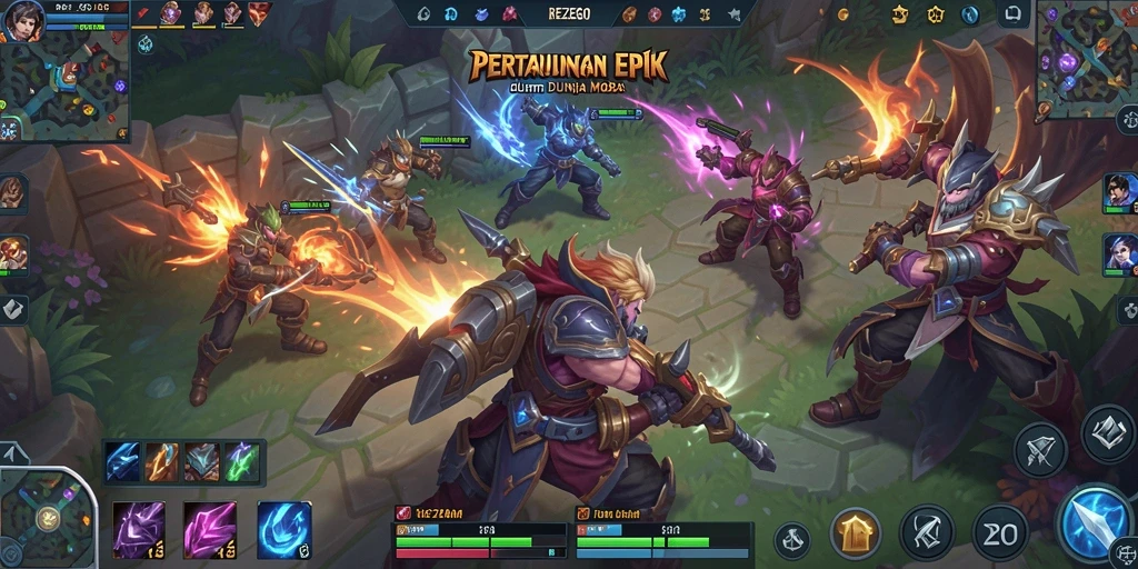 Tangkapan layar utama dari gameplay pertarungan MOBA yang seru.