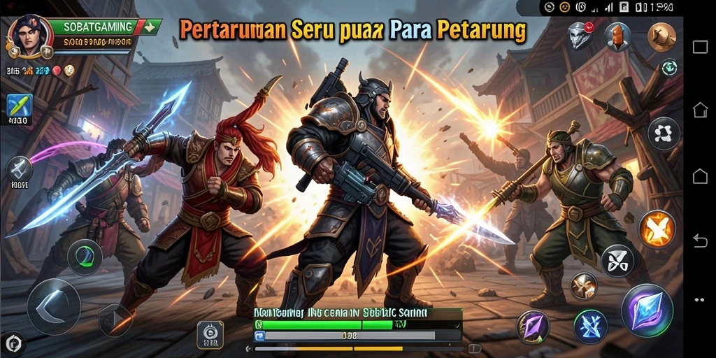 Tangkapan layar gameplay SOBATGAMING menampilkan pertarungan intens antara karakter.
