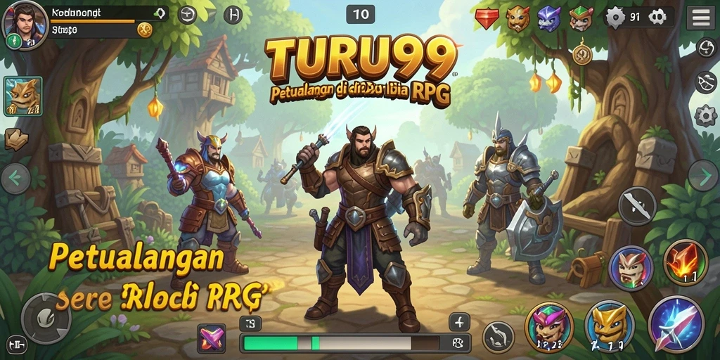 Tangkapan layar utama TURU99 menampilkan pertempuran seru antara karakter utama dan monster.